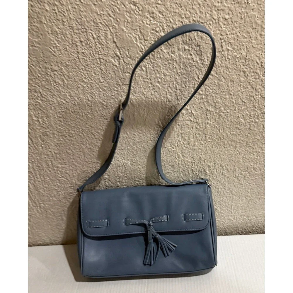 Charter Club Blue Gray Crossbody Bag Adjustable Strap Tassel Flap